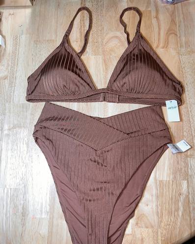 Aerie Large 2 Piece  Ribbed Shine Crossover High Cut Cheeky Bikini Top & Bottom