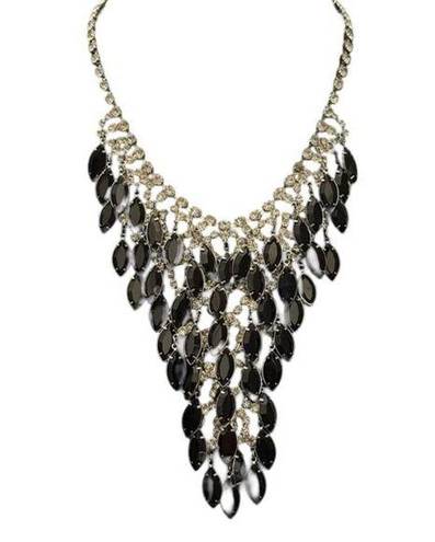 Onyx Vintage Black  And Rhinestone Tassel Bib Necklace