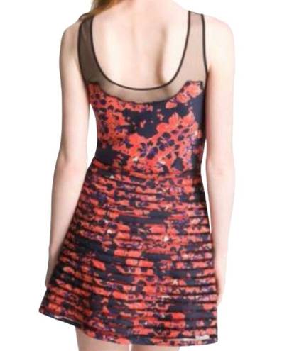 Parker  PETAL BLOOM MESH SLEEVELESS SILK BLACK ORANGE MINI SKATER FIT FLARE DRESS