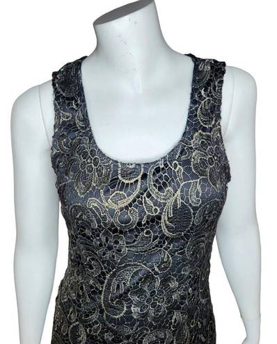 Sans Souci  Womens Small Black Gold Floral Overlay Sleeveless Midi Cocktail Dress