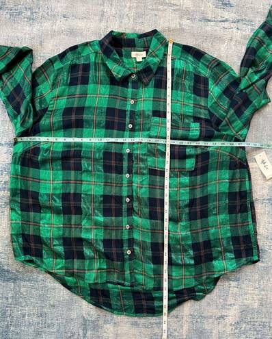 Style & Co Plus Size Boyfriend Sparkle Emerald Green Plaid Button Down 3X