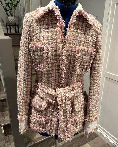 Cache Cach'e Jacket Pink Cream Woven Textured Classic Lines Sculpted Belted Blazer