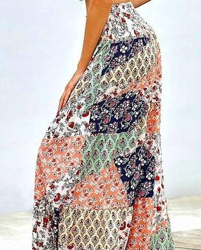 Bohemian Patchwork Multicolor Tiered Maxi Skirt Multiple Size M