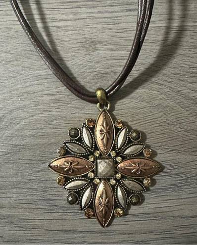 Coldwater Creek  Leather Chain Bronze Gold Silver Floral Motif Necklace