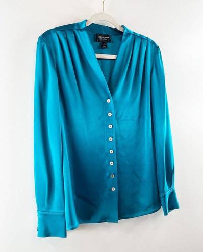 St. John  Couture Button Down Long Sleeve Silky Blouse Shirt Teal Blue 6