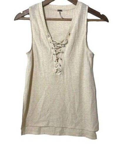 Poof  Ribbed Lace Up Tank Top Beige Small