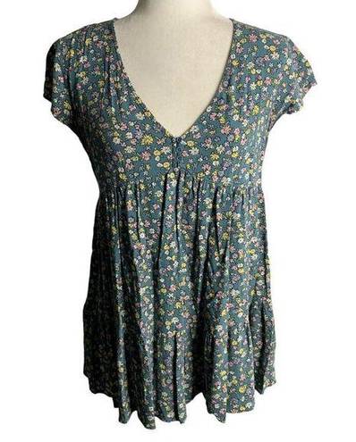 LA Hearts  Babydoll V Neck Top S Blue Floral Short Sleeves Buttons Layered