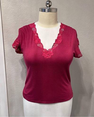 Natori | Pink Mauve Lace Trim V-neck Tee