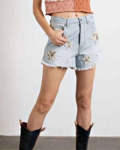 easel  Denim Shorts Stars Light Wash Distressed Frayed Edge Women’s Size Medium M