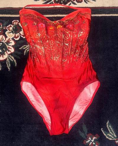 Gottex  Red Gold Corset Graphic Vintage One Piece Swimsuit