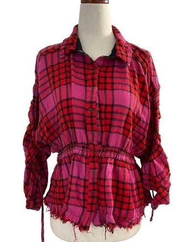 We The Free  People Womens Top Small Red Pink Distress Boho Button Down