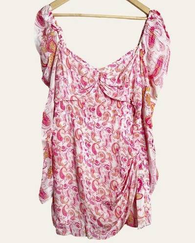 Rococo  Sand Pink White Paisley Print Long Puff Sleeve Mini Dress Size M