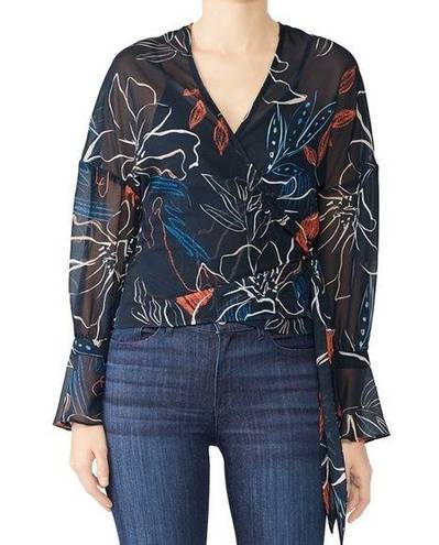 Stylestalker Floral Print Sheer Chiffon Bell Sleeve Wrap Blouse Navy Size Small