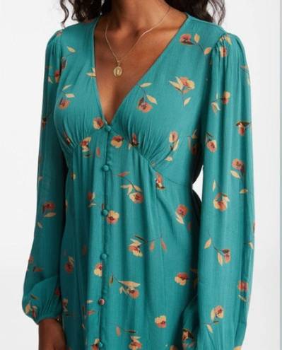 Billabong Blue Teal Floral Days on End Long Sleeve Button Mini Dress size XL