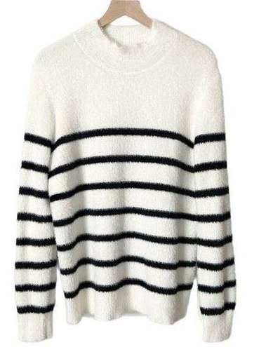 Bailey 44 Soft Fuzzy Mock Neck Stripe Sweater Black White Size Medium