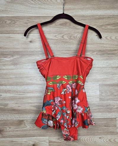 Modcloth Katie Red Floral Ruffle One Piece Swimsuit XS