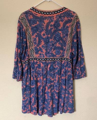 J.Jill  Pink Blue Floral Boho Tunic Peasant Blouse Size M