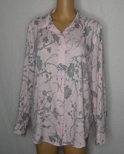 DKNY  Button Up Floral Blouse Dress Shirt Pink Long Sleeve Grey Tree Large