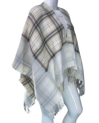 J.Jill  Womens One Size Poncho Sweater Wrap Plaid Acrylic Fringe Neutral Soft