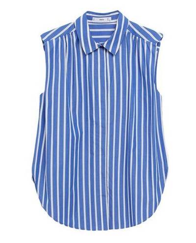 Mango  Womens Striped Organic Cotton Sleeveless Blouse Size Large Blue