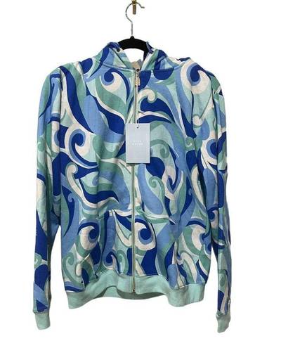 Hill House  Allie Zip-Up Hooded Fleece Jacket in Ocean Kaleidoscope Size Small