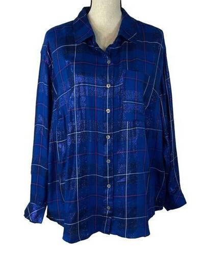 Style & Co  2X-Large Button-Up Top Plaid Metallic Accent Pocket Long Sleeve Blue