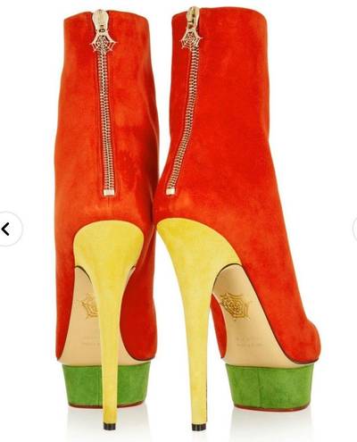 Charlotte Olympia Bella red yellow green suede colorblock mid-calf boots size 35