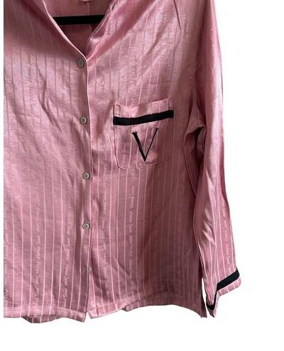 Victoria's Secret  Women's Medium Satin PJ Set Logo V Pink Black & White Striped