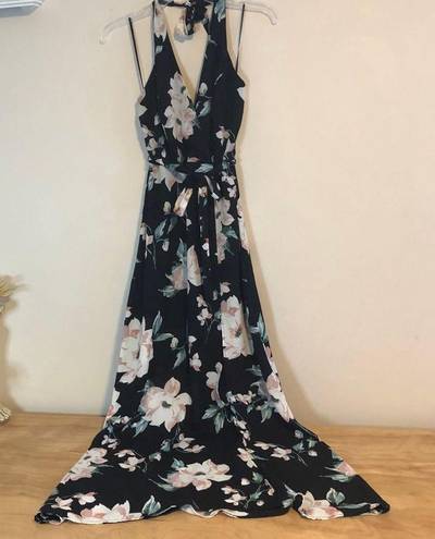 June and Hudson Black Floral V-neck Halter Maxi Dress