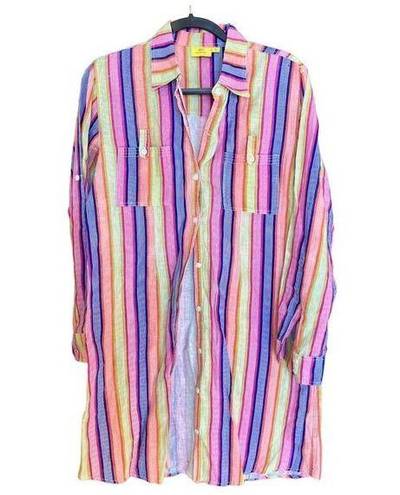 Roller Rabbit  Linen Collared Striped Tunic Size Medium Rainbow Colorful