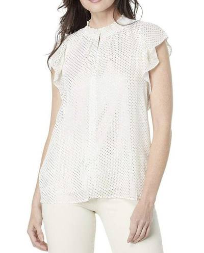 Tommy Hilfiger  Mock neckline ruffle Flutter Sleeve top MEDIUM pin dots off white