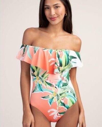 Trina Turk  Costa De Prata Tropical Floral Ruffled One Piece Swimsuit Size 12