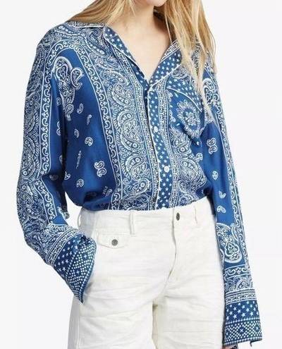 Polo NWT  Ralph Lauren button front bandana paisley print top shirt navy M