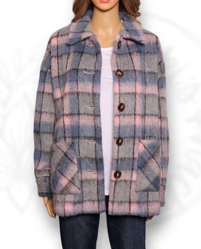 Cyrus  Faux Fur Fuzzy Plaid Button Front Jacket Shacket Pink Gray & Blue Size S