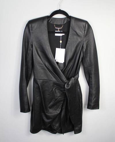 Misha Collection  Dianara Black Lamb Leather Faux Wrap Long Sleeve Mini Dress