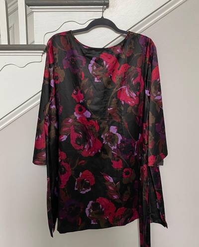 Dennis Basso Dennis By  Womens Size XL Silky Dress Black Pink Floral