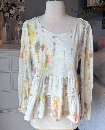 True Craft Ivory Tie Dye Tiered Top  Long Sleeve Cotton Blend Flowy Womens Medium