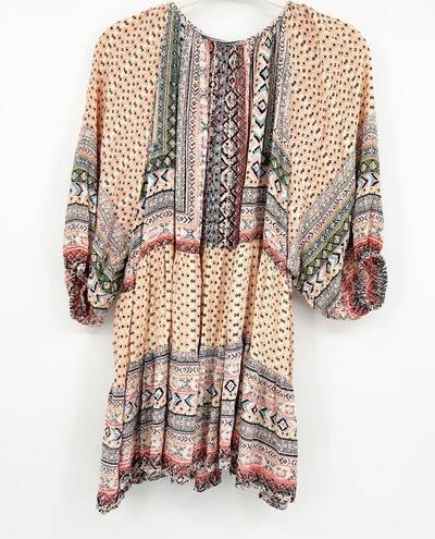 Angie  Womens Boho Chic Mixed Print Bell Sleeve Woven Tunic Dress Size 2X