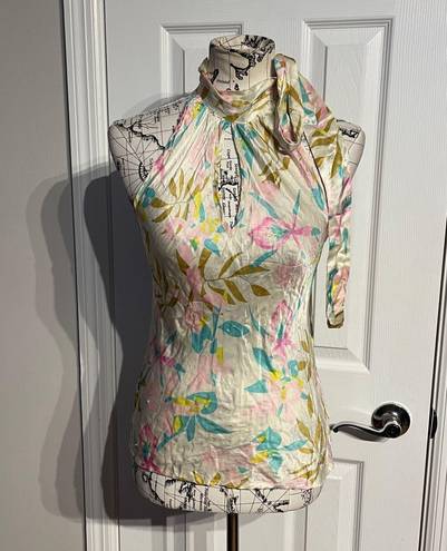 The Moon Heart Star Silk Vintage Pastel Colorful Coastal Abstract print Blouse M High Neck Floral Multicolor Women's Top Coquette Keyhole Cutouts 