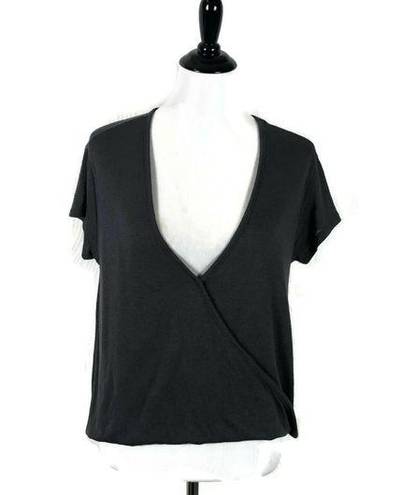 We The Free  Women Size XS Faux Wrap Top Deep V Neck Cropped Gray Short Sleeve