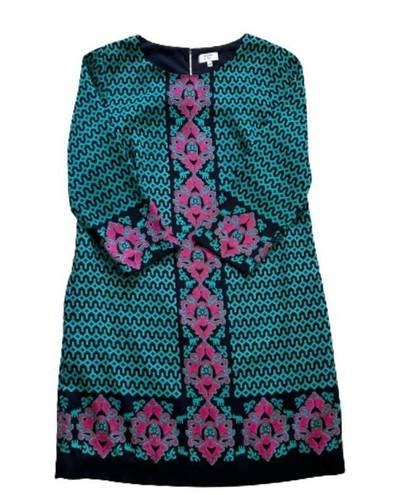 Crown & Ivy  Dress Shift 3/4 Sleeve Geo Elephant Print Navy Turquoise Pink Size 8