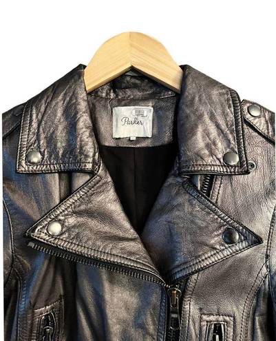 Parker  Moto Metallic Leather Jacket Zipper Collared Pewter Large Fits Small EUC