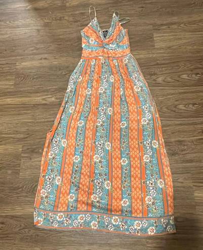 Angie NWT  Boho Knot Front Printed Maxi Dress Blue Orange Size Medium