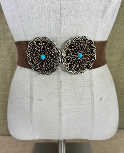 Vintage Brown Suede Leather Belt With Brass & Turquoise Buckle S