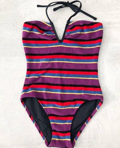 Solid & Striped  The Heather Grape Terry Stripe Halter One Piece Swimsuit NEW