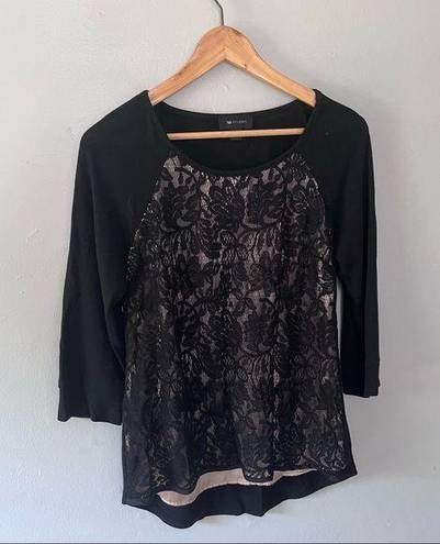 AB Studio  Lace Front 3/4 Quarter Sleeve Black Shirt Blouse Small