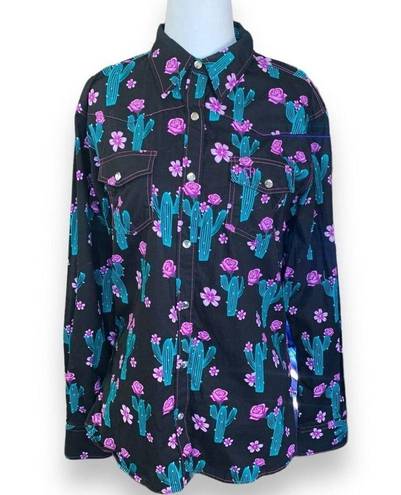 Blossom Cowgirl Hardware Shirt Black Pink Cactus  Floral Snap Front Western Top