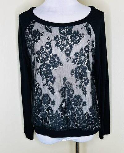 Karen Kane  Sweater MEDIUM Black Lace Scoop Neck Pullover Floral Jersey Knit