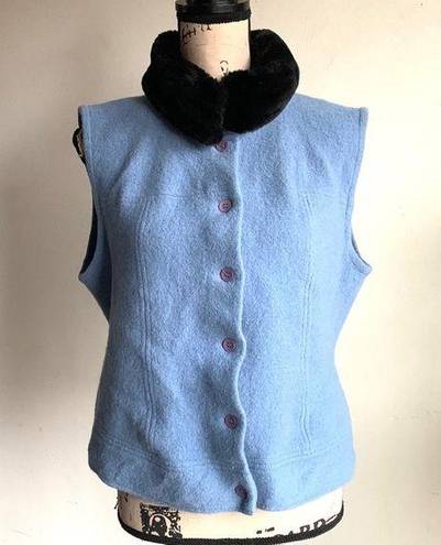 Talbots  Faux Fur Collar Baby Blue Wool Sleeveless Vest