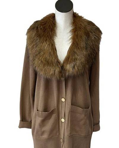 Michael Kors NWT  Faux Fur Collar Cotton Blend Cardigan Sweater Medium In Husk